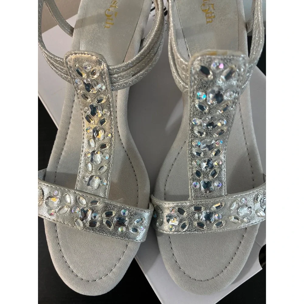 East 5th Embellished Wedge Sandals Silver Women Size‎ 10 Medium Violetta